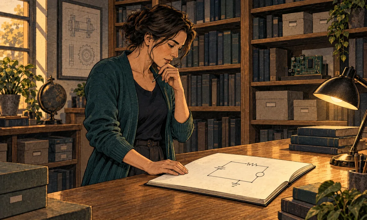 Инженер изучает схему в открытом блокноте среди полок с техническими книгами